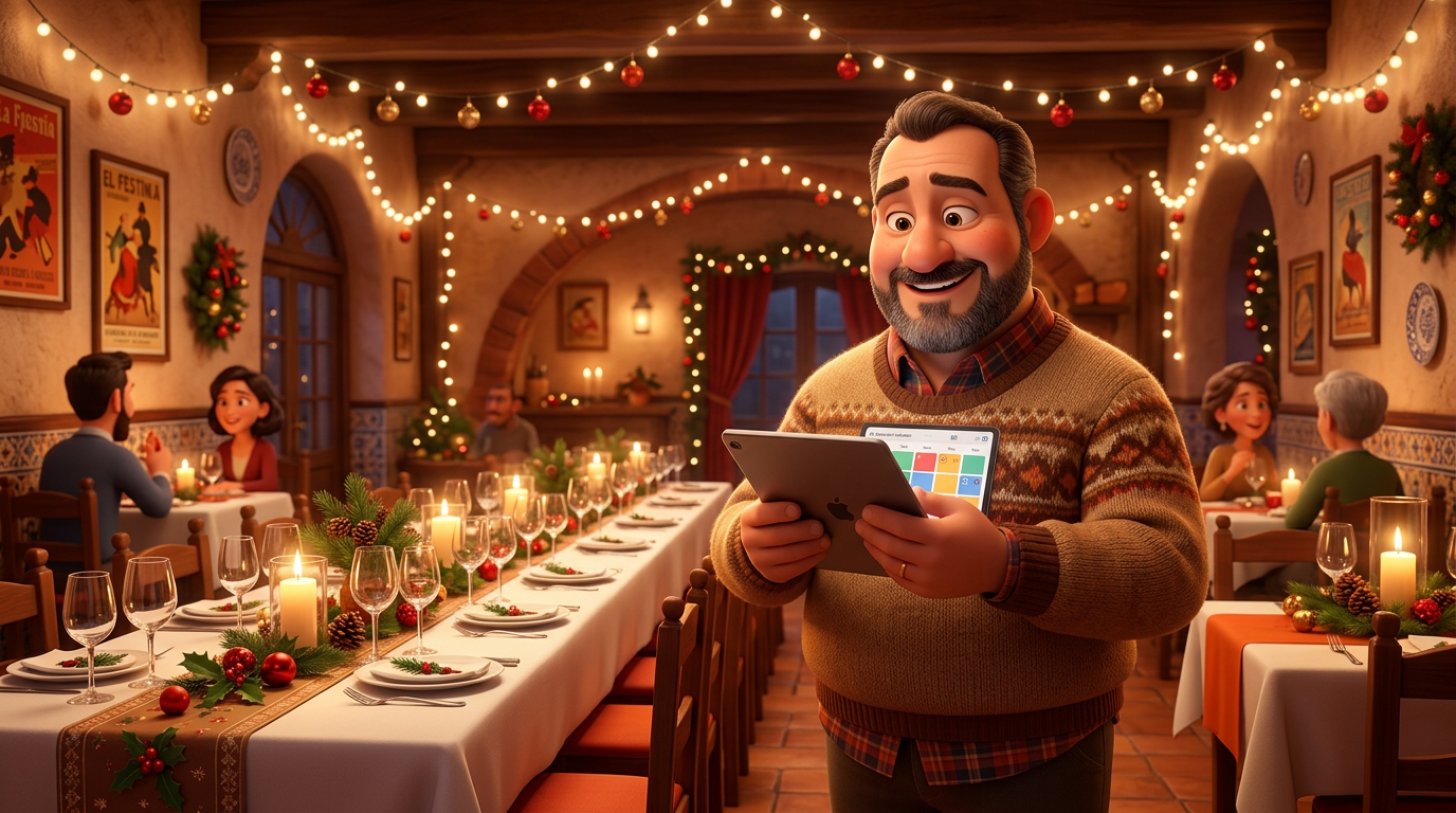 Restaurador revisa el calendario de reservas en una tablet junto a una larga mesa festiva preparada para una cena de empresa en un restaurante decorado por Navidad