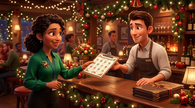 Organizadora de una empresa entrega al camarero la lista de platos elegidos por cada comensal en la barra de un restaurante decorado por Navidad