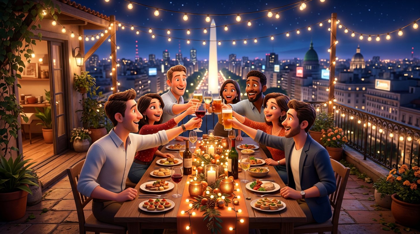 Grupo de compañeros de oficina brindando en una mesa larga decorada para las fiestas, en la terraza de un restaurante de Buenos Aires en una noche cálida de verano