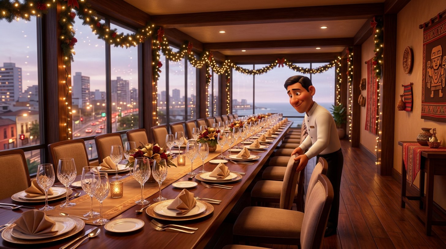 Salón privado de un restaurante limeño decorado para una cena de fin de año de empresa, con una mesa larga puesta y luces cálidas