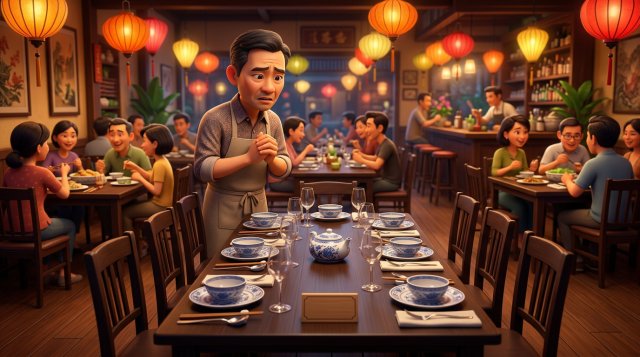 Chủ nhà hàng đứng lo lắng bên bàn ăn 8 chỗ đã bày biện đầy đủ nhưng trống khách, biển đặt bàn trước vẫn còn trên bàn, xung quanh các bàn khác đông khách