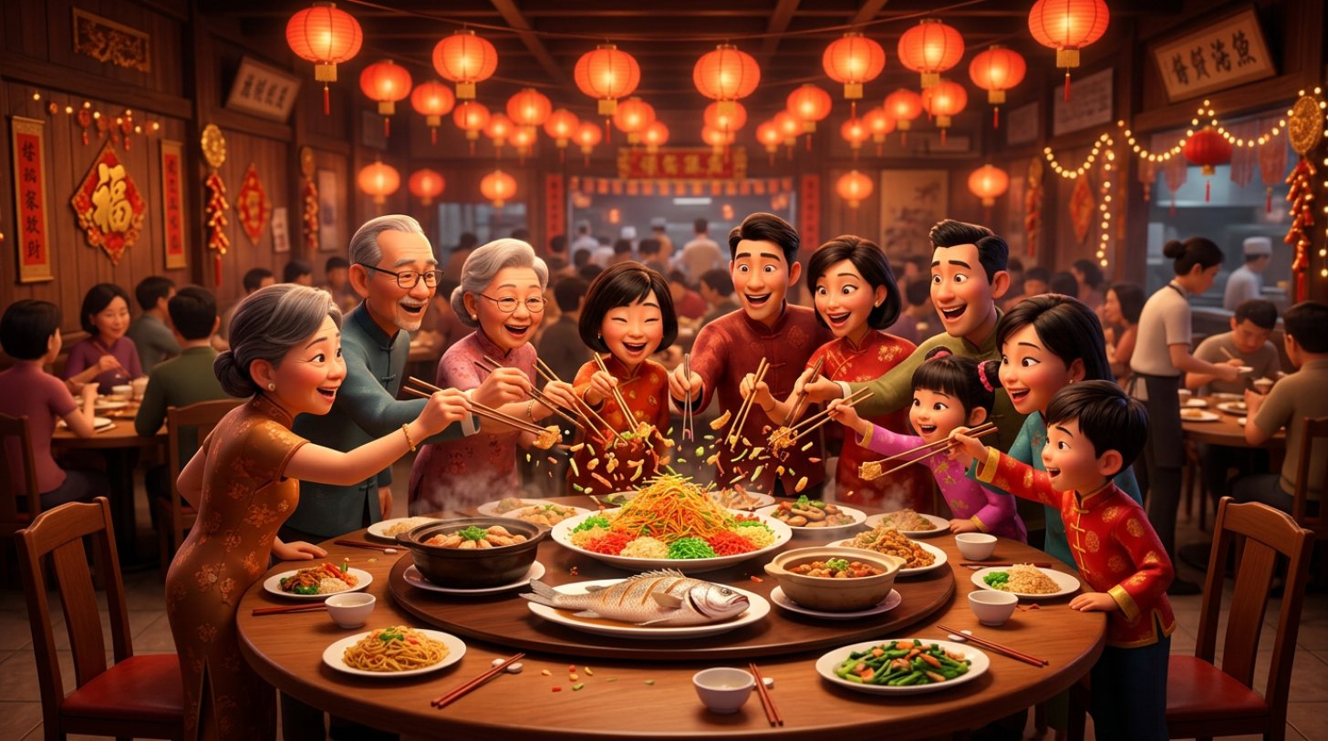 Large Malaysian family at a round table in a bustling Chinese seafood restaurant tossing a vibrant yee sang high with chopsticks, red lanterns strung across the ceiling and golden decorations on the walls
