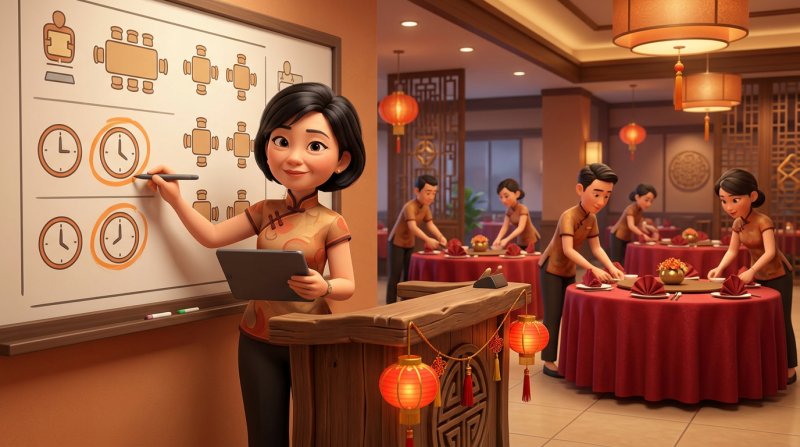 Malaysian restaurant manager at a lantern-decorated counter marking two dinner sittings on a large planning board while staff set round tables in the background