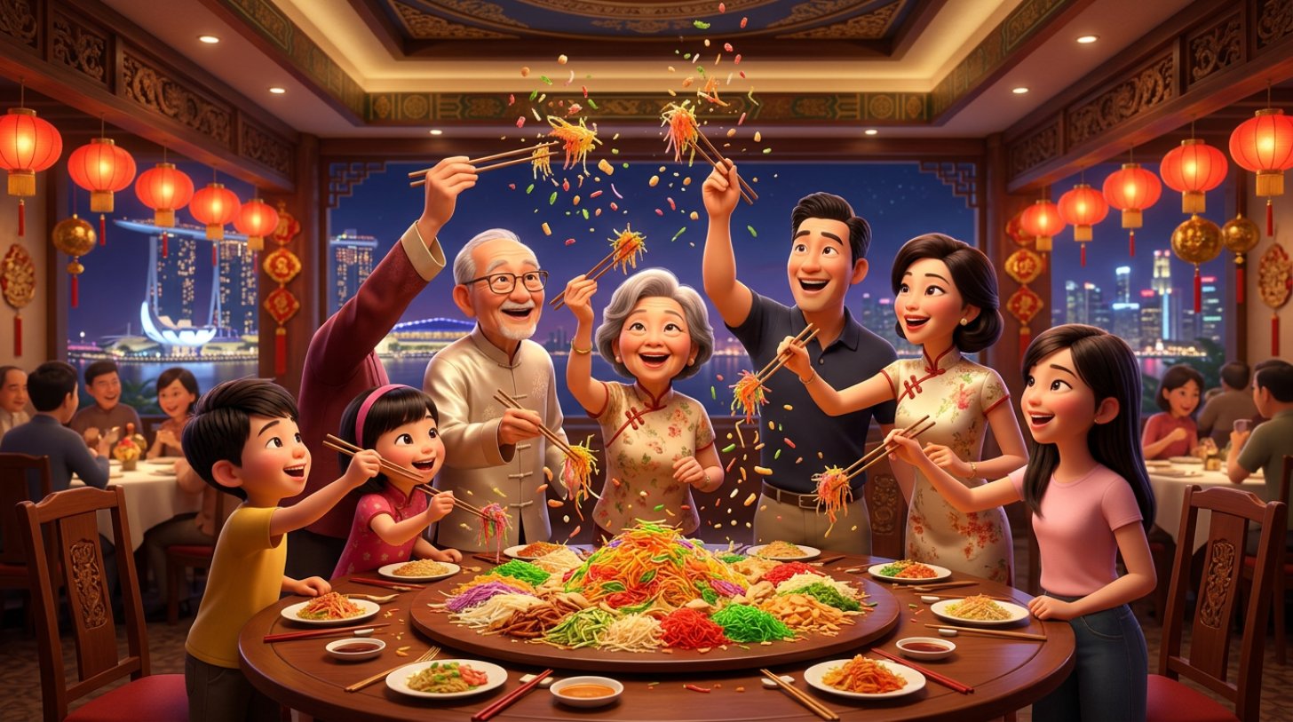 Multi-generational Singaporean family around a round restaurant table raising chopsticks together to toss a colourful yusheng, with red lanterns overhead and the city skyline through the window