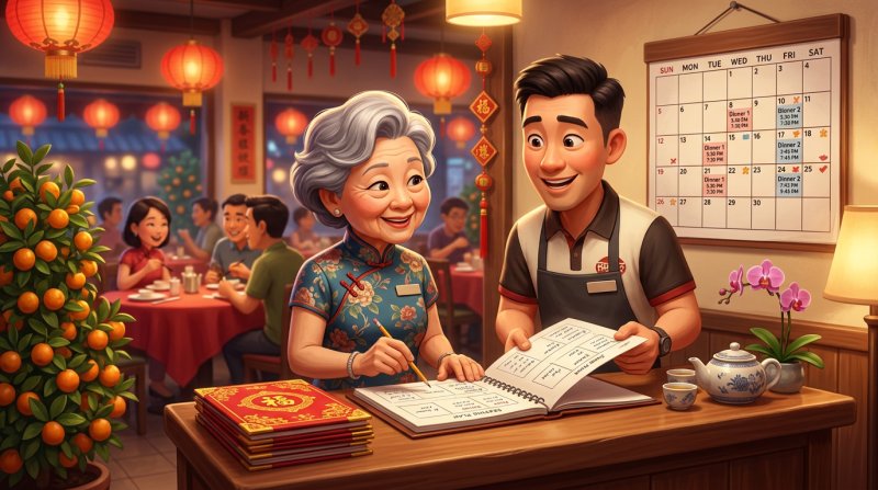 Singaporean restaurant owner and manager at a lantern-decorated host counter reviewing a seating plan and a wall calendar marked with two dinner seatings