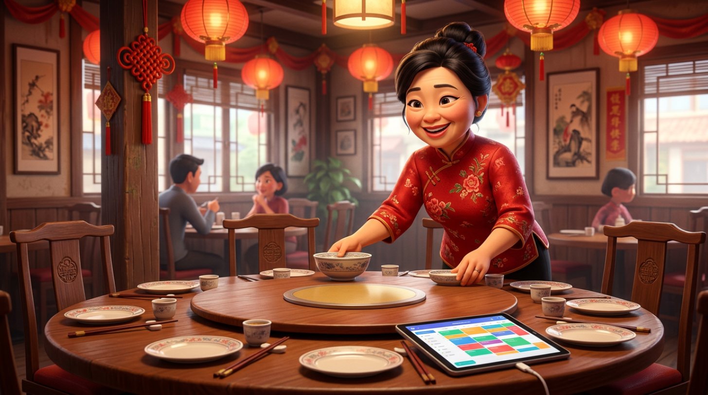 เจ้าของร้านอาหารไทยเชื้อสายจีนกำลังจัดโต๊ะกลมขนาดใหญ่สำหรับมื้อรวมญาติ ท่ามกลางโคมแดงตกแต่งรับตรุษจีน พร้อมแท็บเล็ตแสดงปฏิทินการจองวางบนโต๊ะ