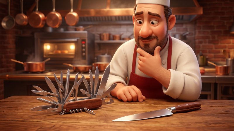 Na stole restaurace leží rozevřený multifunkční nůž s mnoha nástroji vedle jednoduchého kuchařského nože