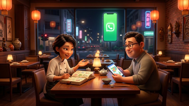 Chef and restaurant manager reviewing their notebook of regular guests and a booking calendar after closing, while a giant green smartphone screen glows outside the window