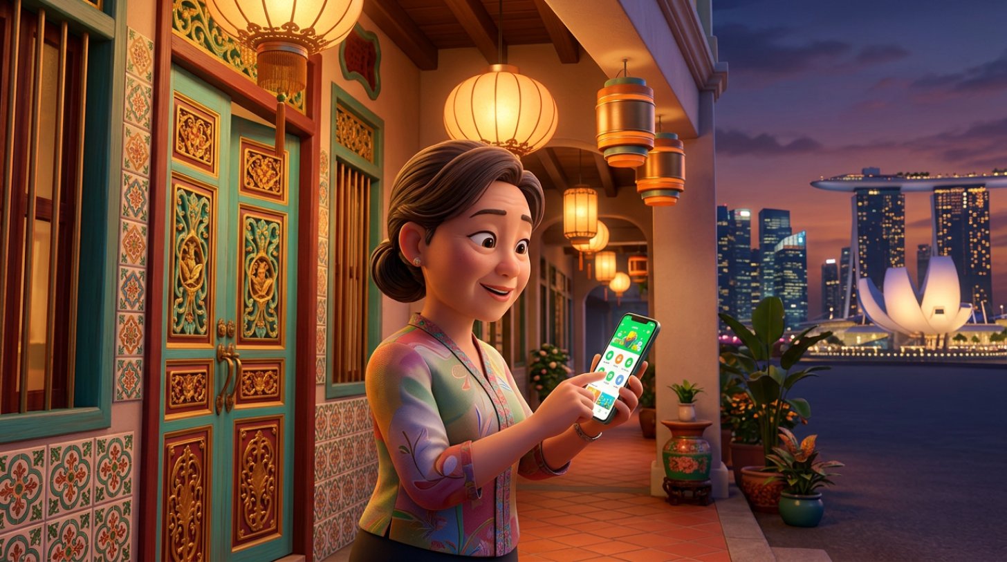 Singaporean restaurant owner at the entrance of her Peranakan shophouse restaurant looking at a green super-app on her smartphone, with the Marina Bay skyline glowing behind her