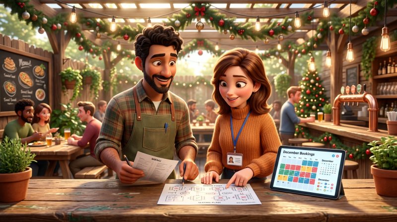 Restaurant manager and a corporate organiser reviewing a set menu and seating plan at a counter in a sunlit beer garden decorated with summer Christmas garlands