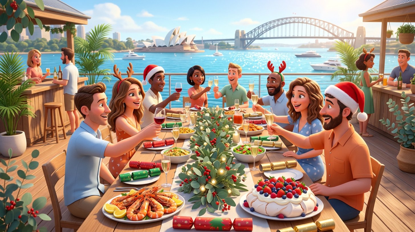 Colleagues in summer clothes raising glasses at a long festive table on a sunny Australian rooftop terrace, with prawn platters and a pavlova overlooking the harbour