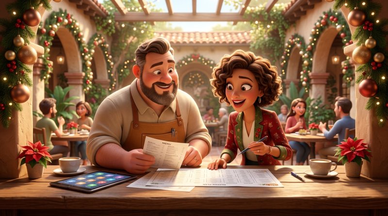 Restaurant manager and a corporate organiser reviewing a set menu and seating plan at the counter of a sunlit courtyard restaurant decorated for a summer Christmas