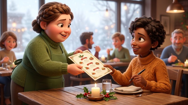 Waitress handing a festive set menu to a smiling guest choosing her courses at a holly-decorated restaurant table