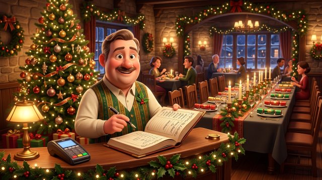 Restaurant manager checking a reservation ledger in a festively decorated British dining room with a long party table set with crackers