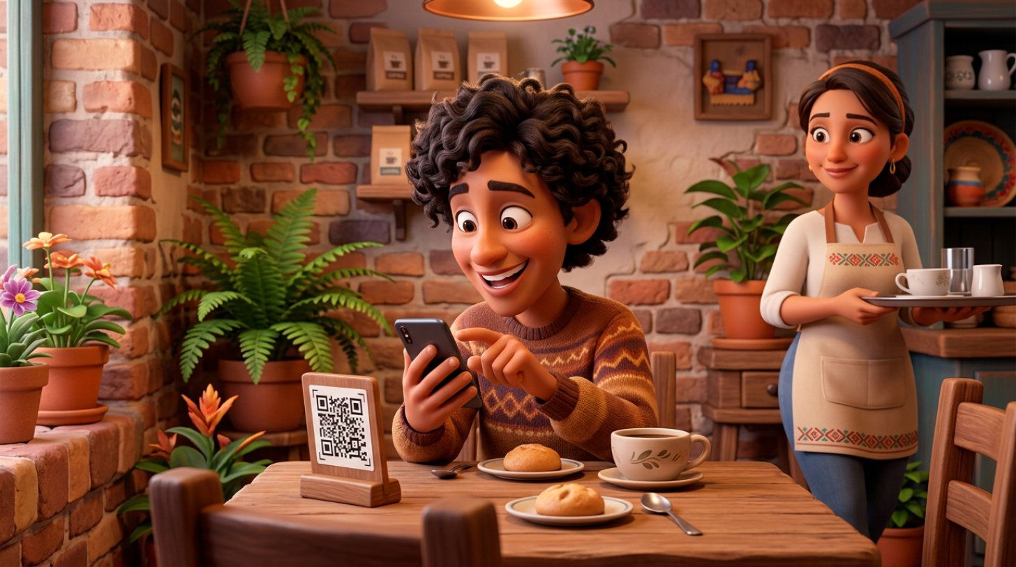 Comensal en un café bogotano de paredes de ladrillo escanea con su celular un código QR sobre la mesa para pagar el anticipo de su reserva, ante la mirada de una mesera con bandeja