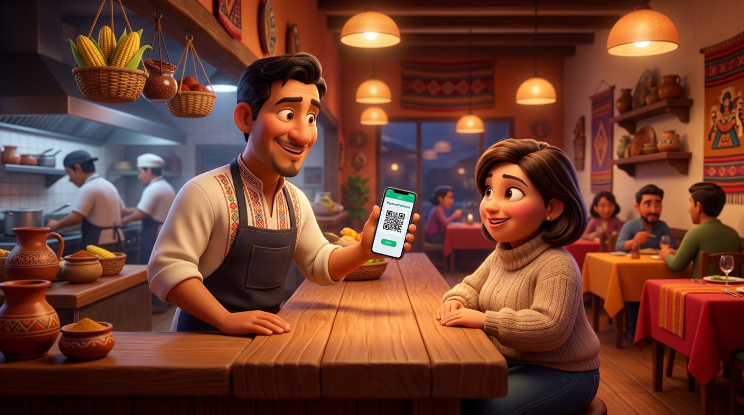 Dueño de un restaurante peruano muestra en su celular la confirmación de pago por QR de la garantía de una reserva a una clienta en el mostrador