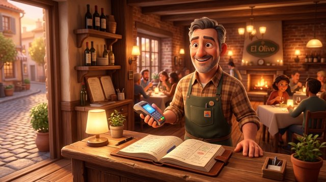 Restaurador sonriente en la recepción de su restaurante con un terminal de pago en la mano y el libro de reservas abierto sobre el mostrador