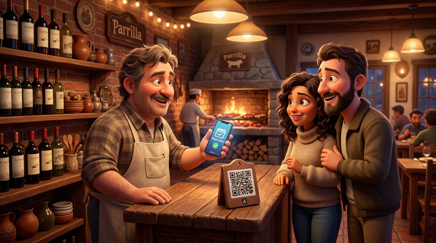 Dueño de una parrilla argentina muestra en su celular la confirmación de reserva a una pareja de comensales junto a un cartel con código QR de pago en el mostrador de entrada