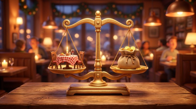Ilustração de uma balança de justiça equilibrada entre uma mesa de restaurante posta e um saco de moedas, simbolizando o regime legal do sinal