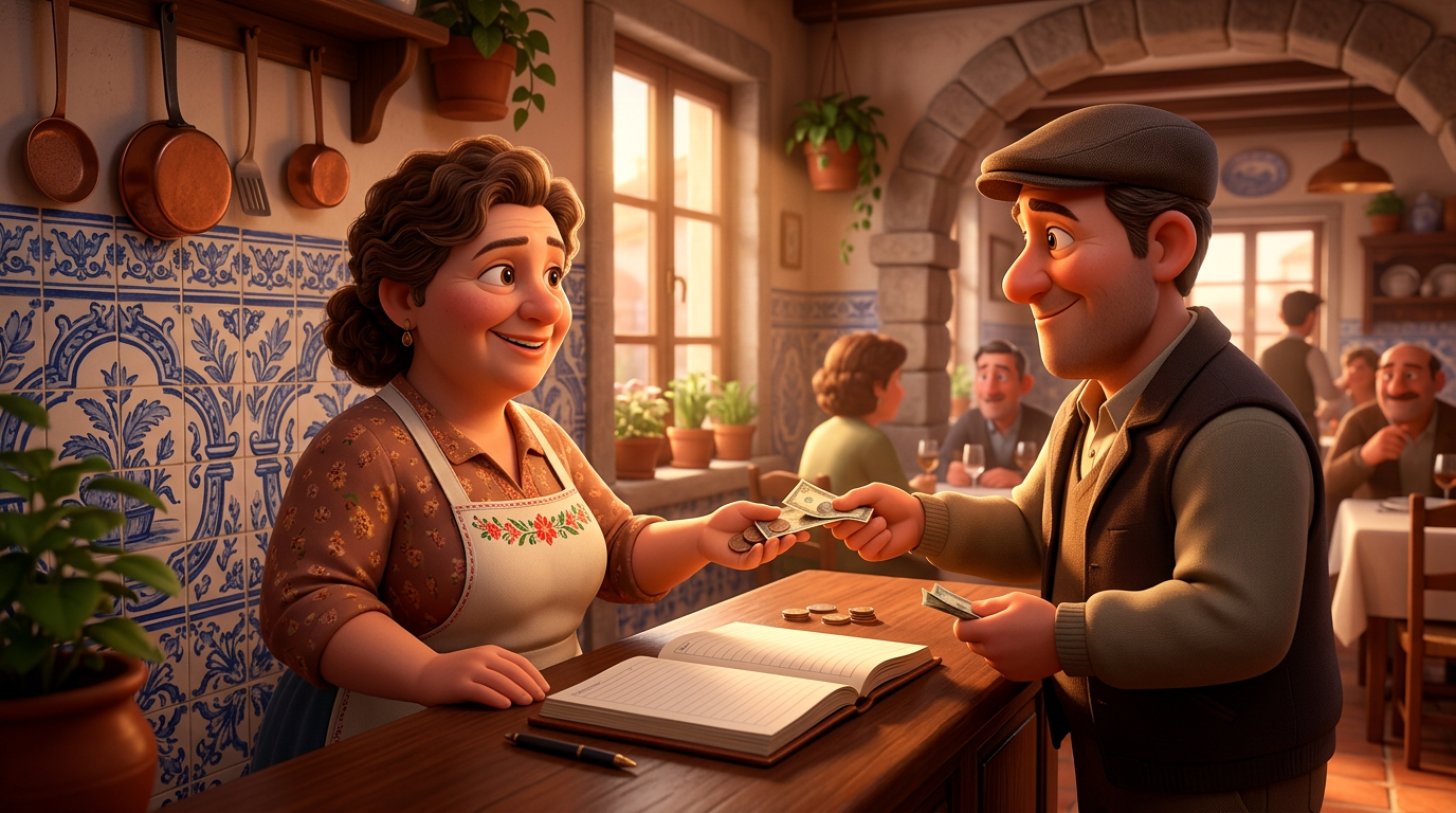 Ilustração de uma rececionista de restaurante a receber um sinal de reserva de um cliente ao balcão, com o livro de reservas aberto