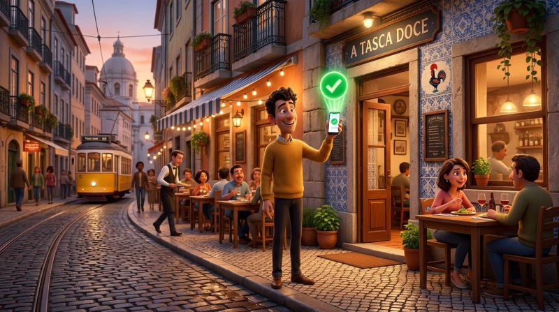Ilustração de um cliente a pagar o sinal da reserva com o telemóvel, com um símbolo de confirmação por cima do ecrã, junto à fachada de um restaurante português