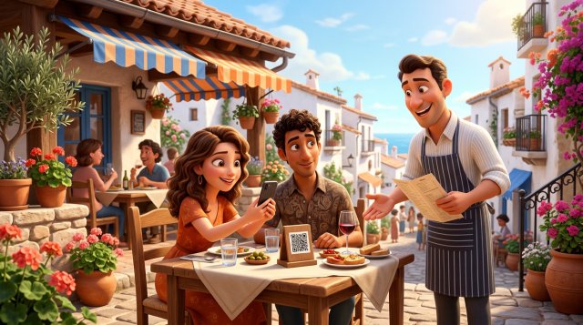 Ilustración de una pareja en la terraza de un restaurante escaneando un soporte de mesa con el móvil mientras un camarero les ofrece una carta de papel