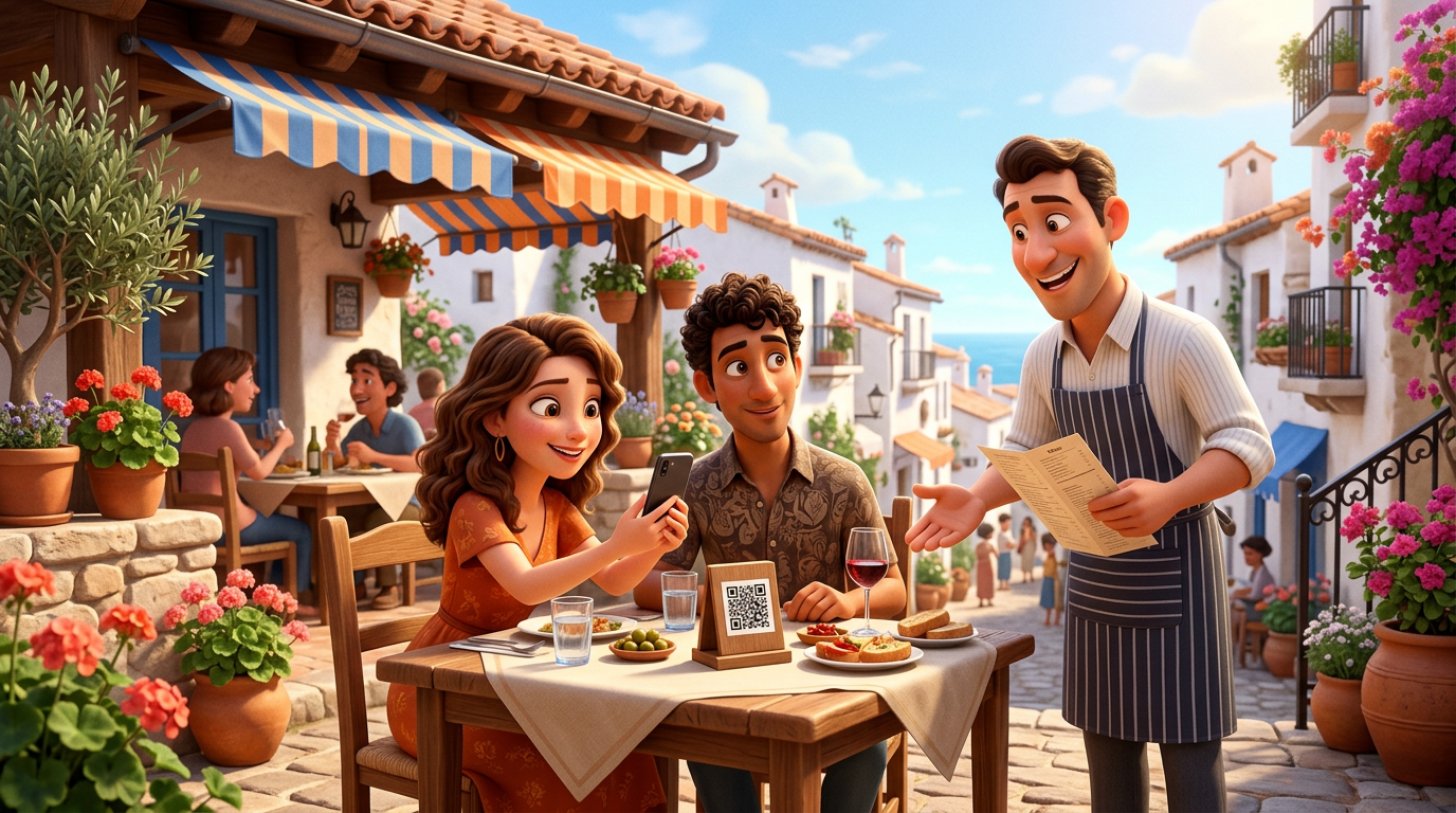 Ilustración de una pareja en la terraza de un restaurante escaneando un soporte de mesa con el móvil mientras un camarero les ofrece una carta de papel