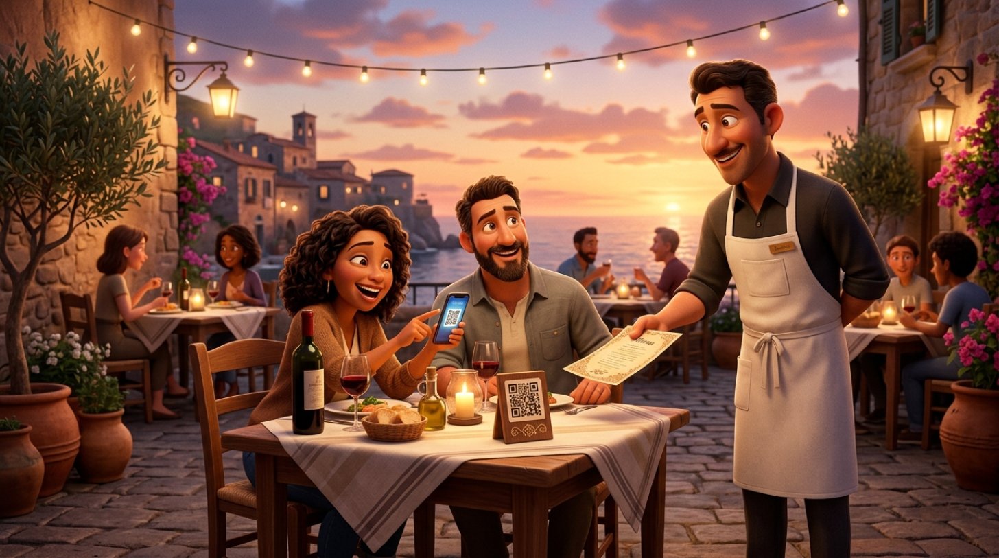 Casal numa esplanada de restaurante a apontar o telemóvel para um suporte de mesa com código QR enquanto um empregado oferece um menu em papel