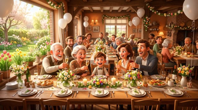 Feestelijk gedekte lange familietafel in een Vlaams restaurant met lentebloemen en ballonnen, een kind in feestkledij centraal tussen proostende ouders en grootouders