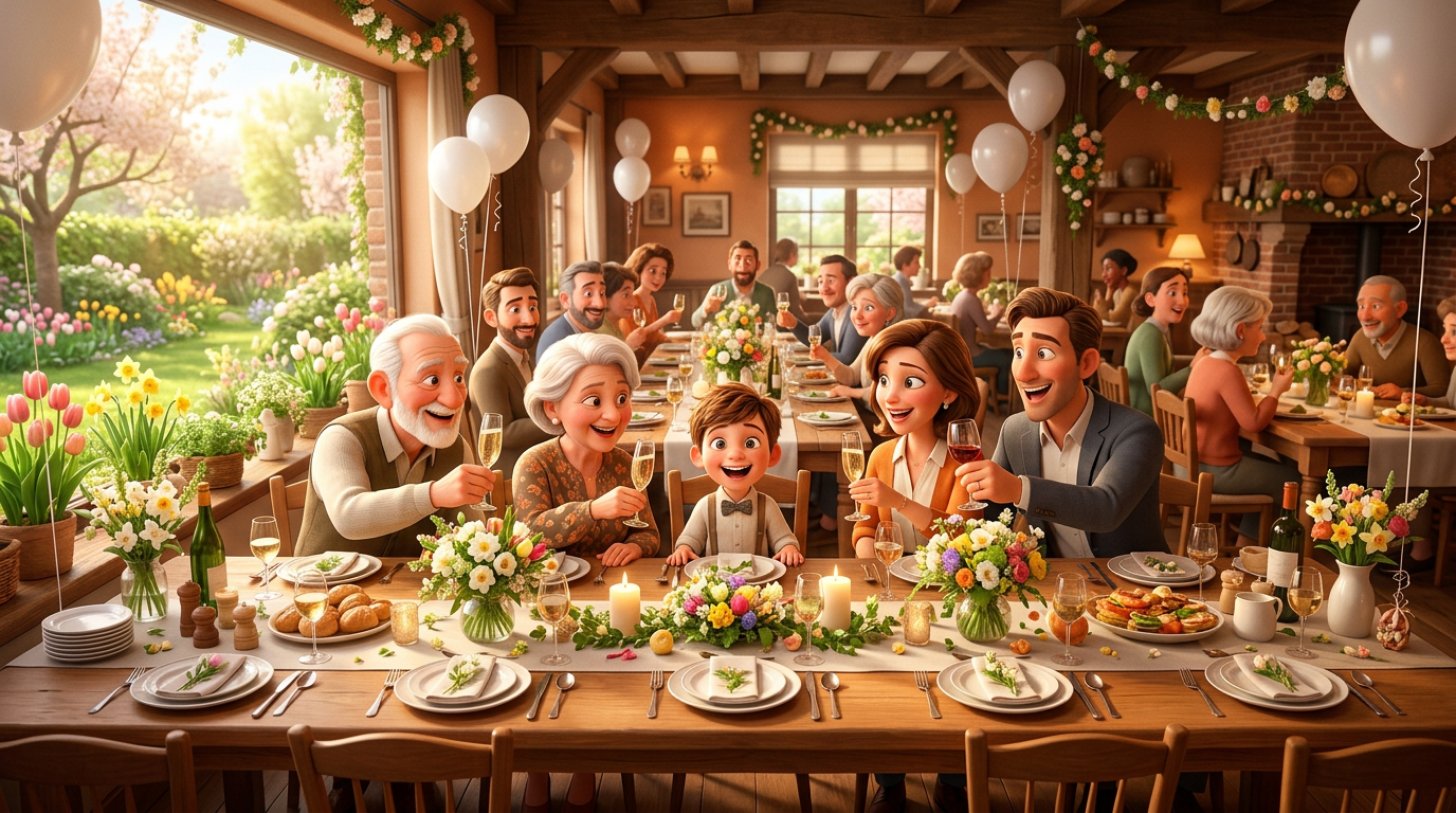 Feestelijk gedekte lange familietafel in een Vlaams restaurant met lentebloemen en ballonnen, een kind in feestkledij centraal tussen proostende ouders en grootouders
