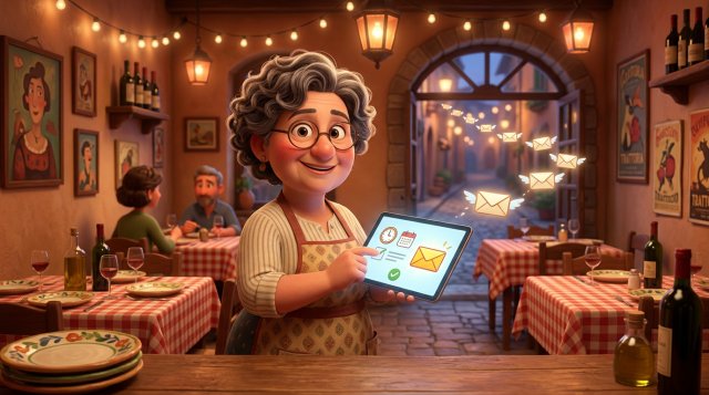 Illustrazione di una ristoratrice che invia una email di conferma di prenotazione dal tablet nella sala del suo ristorante