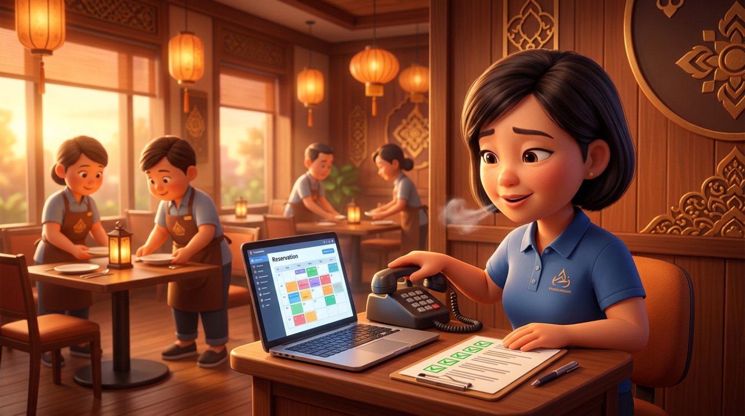 ผู้จัดการร้านอาหารไทยวางหูโทรศัพท์ลงอย่างโล่งใจ ข้างแล็ปท็อปที่แสดงรายการจองเรียบร้อย ขณะพนักงานกำลังจัดโต๊ะในห้องอาหารด้านหลัง