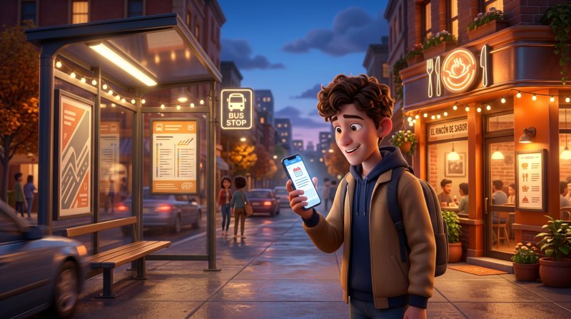 Comensal leyendo un correo de recordatorio en su móvil en una parada de autobús al anochecer, con un restaurante iluminado al otro lado de la calle