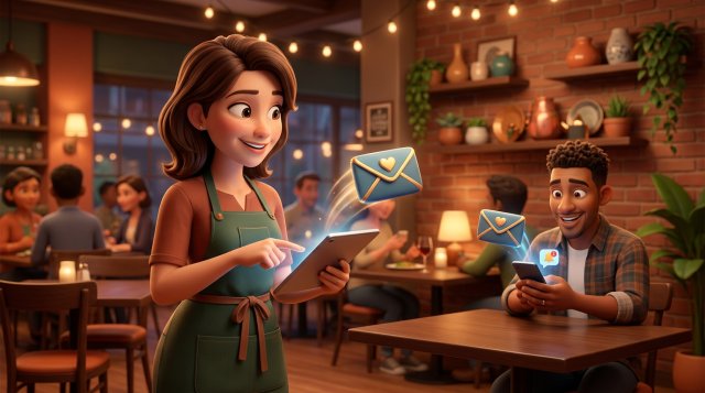 Illustration d'une restauratrice envoyant une confirmation de réservation depuis sa tablette dans sa salle de restaurant