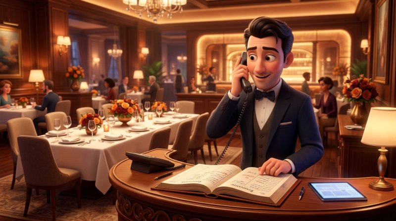 Maître d'hôtel au téléphone devant son carnet de réservations, grande table dressée en arrière-plan