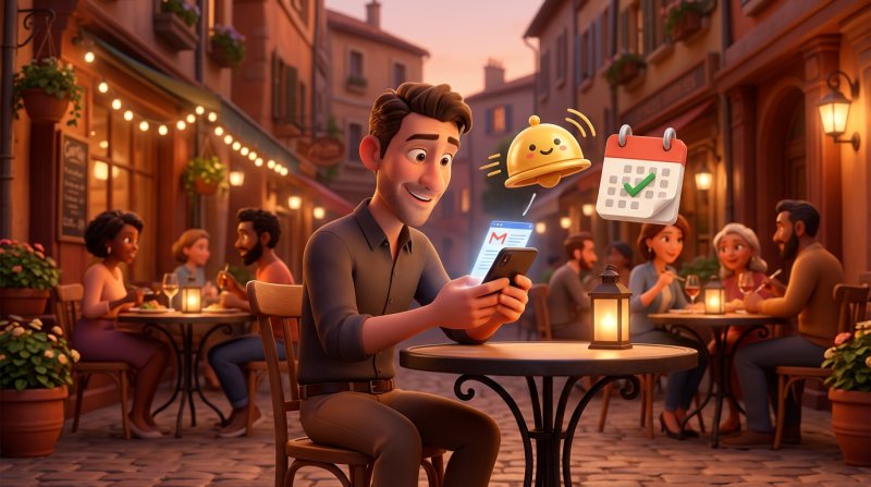 Client lisant un e-mail de rappel de réservation sur son smartphone à une terrasse en fin de journée