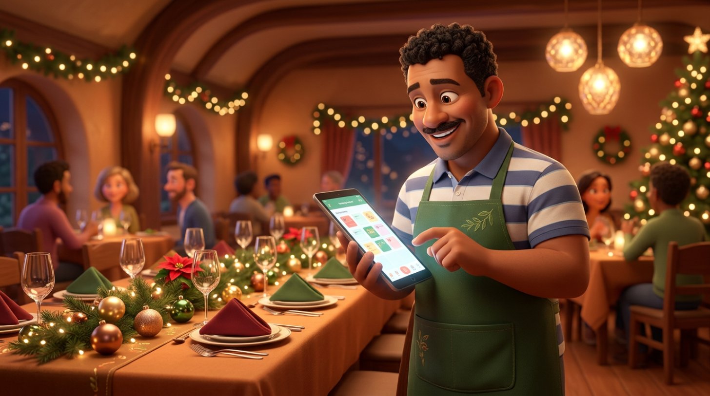 Dono de restaurante confere a agenda de reservas em um tablet ao lado de uma mesa comprida decorada para uma confraternização de empresa de fim de ano
