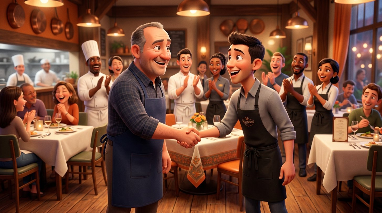Un dueño de restaurante estrecha la mano de un joven camarero recién contratado mientras el equipo aplaude en una sala luminosa