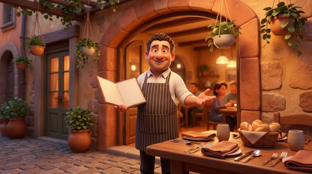 Illustrazione di un ristoratore italiano sorridente che mostra il menù davanti a un tavolo apparecchiato con cestino del pane, tovaglioli e bicchieri