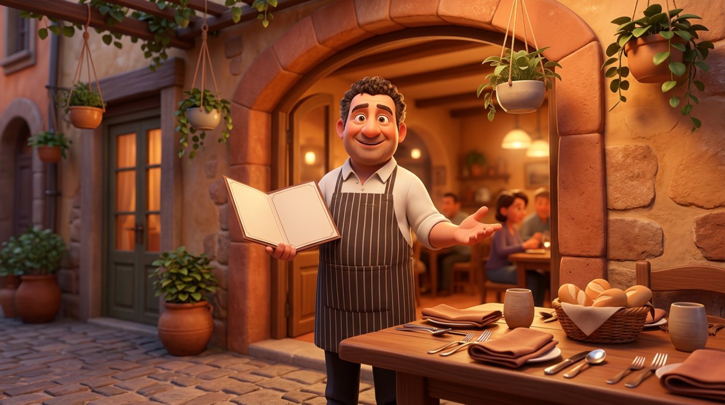 Illustrazione di un ristoratore italiano sorridente che mostra il menù davanti a un tavolo apparecchiato con cestino del pane, tovaglioli e bicchieri
