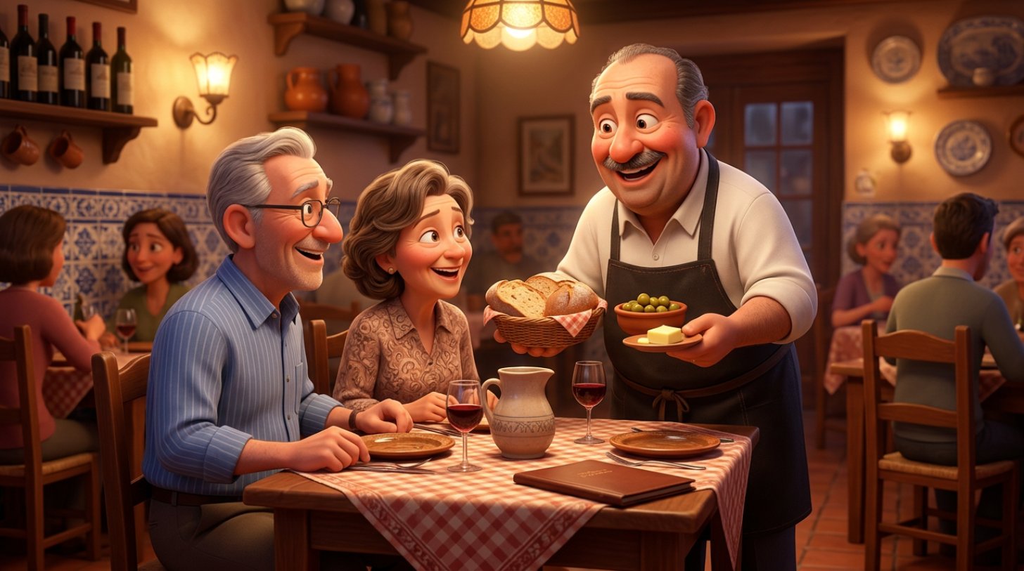 Ilustração de um empregado de mesa a apresentar um cesto de pão e azeitonas a clientes numa mesa de restaurante português