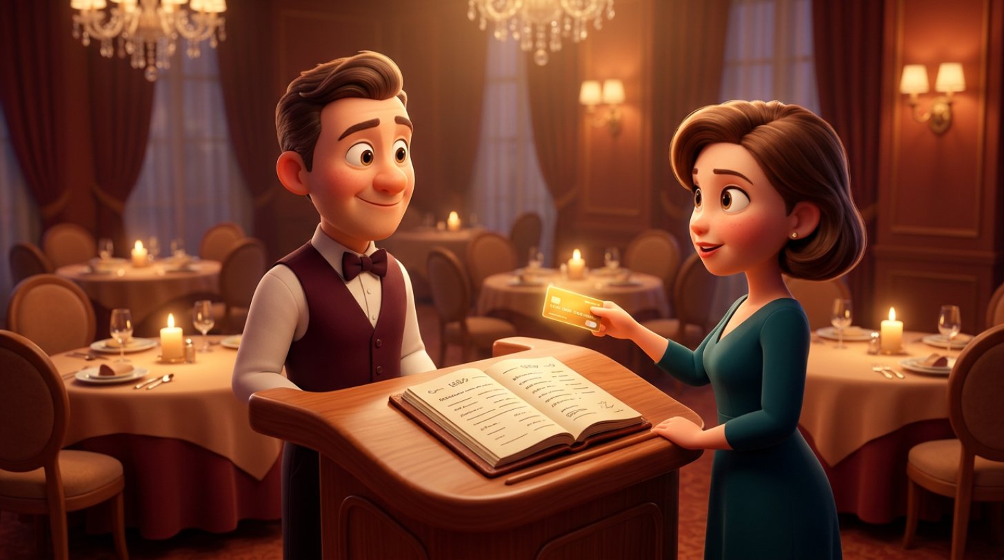 Illustration of a guest handing a credit card to a maitre d' over an open reservation book in an elegant restaurant