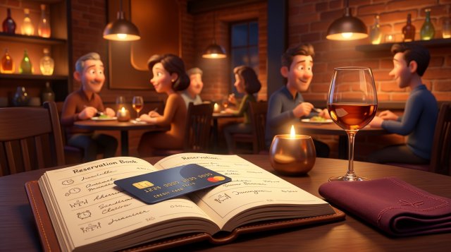 Illustratie van een creditcard naast een reserveringsboek op een gedekte restauranttafel