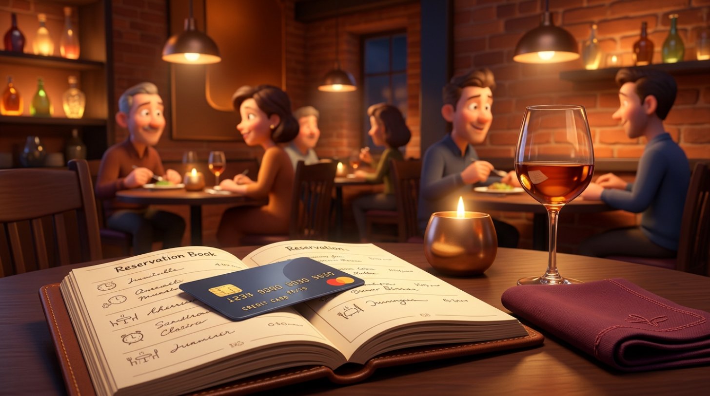 Illustratie van een creditcard naast een reserveringsboek op een gedekte restauranttafel