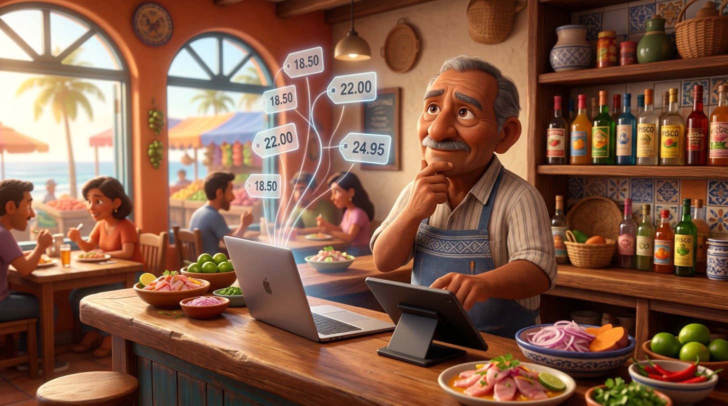 Dueño de una cevichería peruana compara etiquetas de precio flotantes sobre una laptop y un POS en la barra de su local