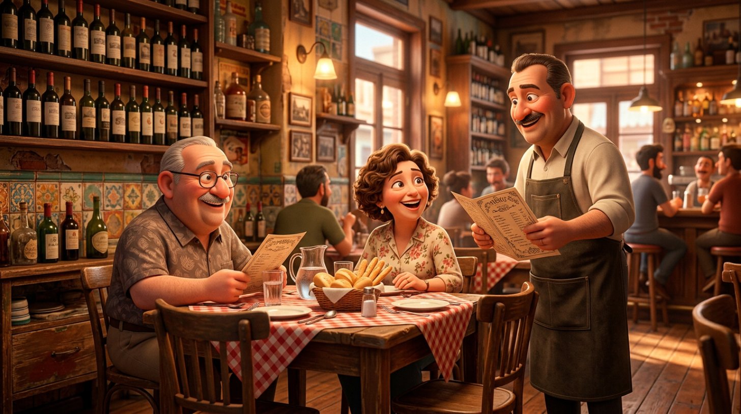 Mesa de bodegón porteño con mantel a cuadros, panera, vaso de agua y un mozo presentando la carta a dos comensales