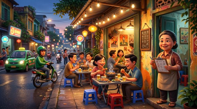 Quán nhậu Việt Nam buổi tối với chủ quán cầm bảng danh sách kiểm tra, bảng thông báo trên tường và taxi chờ khách trước cửa
