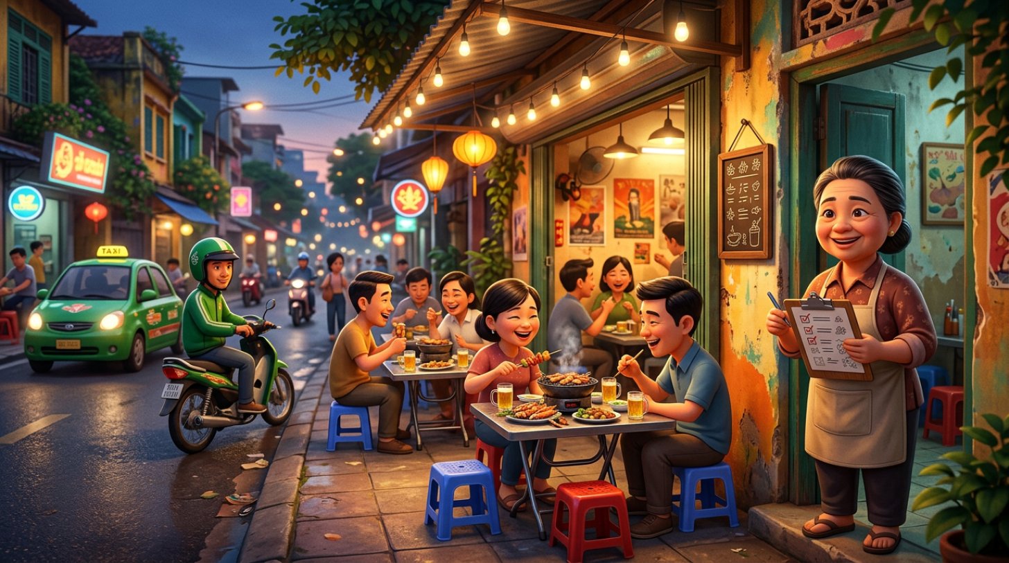 Quán nhậu Việt Nam buổi tối với chủ quán cầm bảng danh sách kiểm tra, bảng thông báo trên tường và taxi chờ khách trước cửa