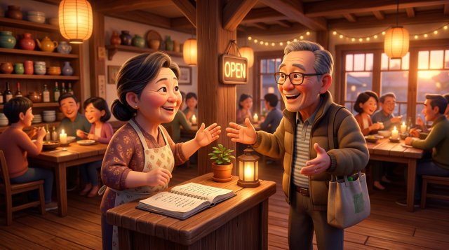 식당 입구에서 다시 찾아온 단골 손님을 반갑게 맞이하는 사장님과 카운터 위에 펼쳐진 예약 장부 일러스트