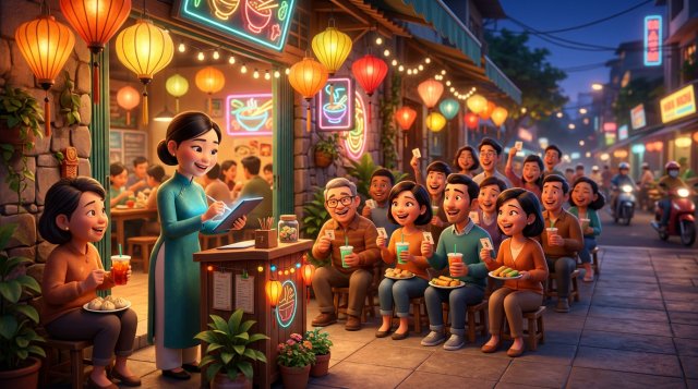 Nhân viên lễ tân ghi danh sách chờ trên máy tính bảng trước cửa quán lẩu đông khách, thực khách ngồi ghế chờ với trà đá và đồ ăn nhẹ